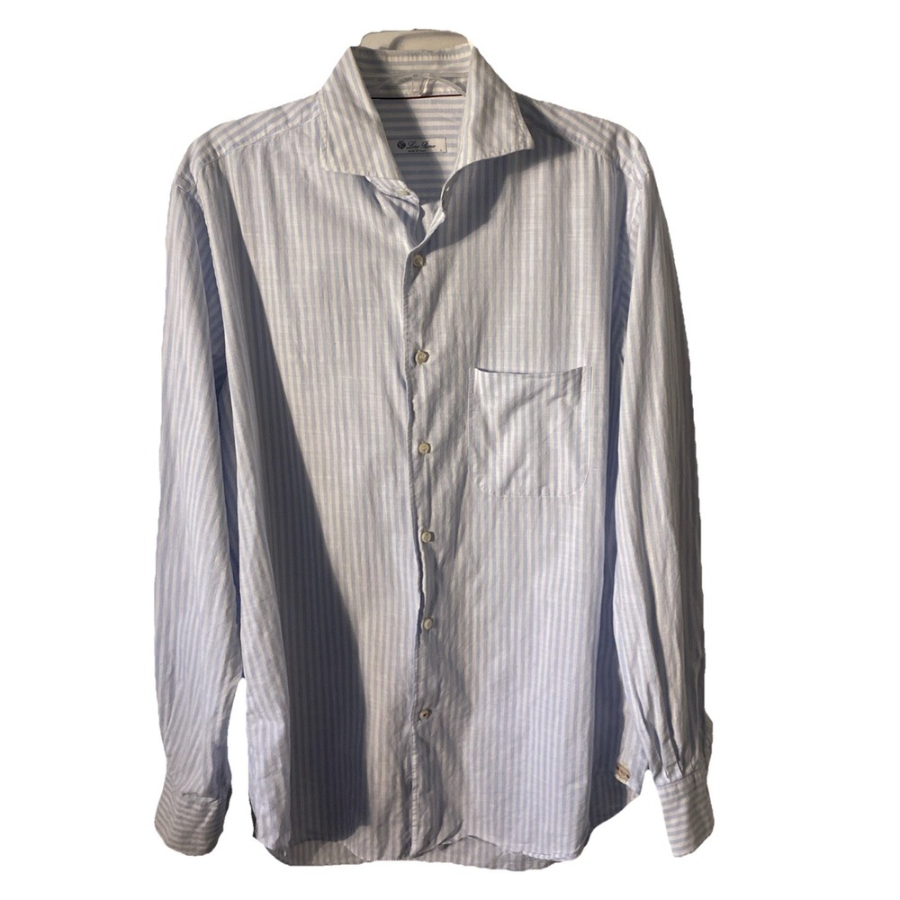 Loro Piana Mens Cotton Shirt Striped Long Sleeve Size Large Blue White